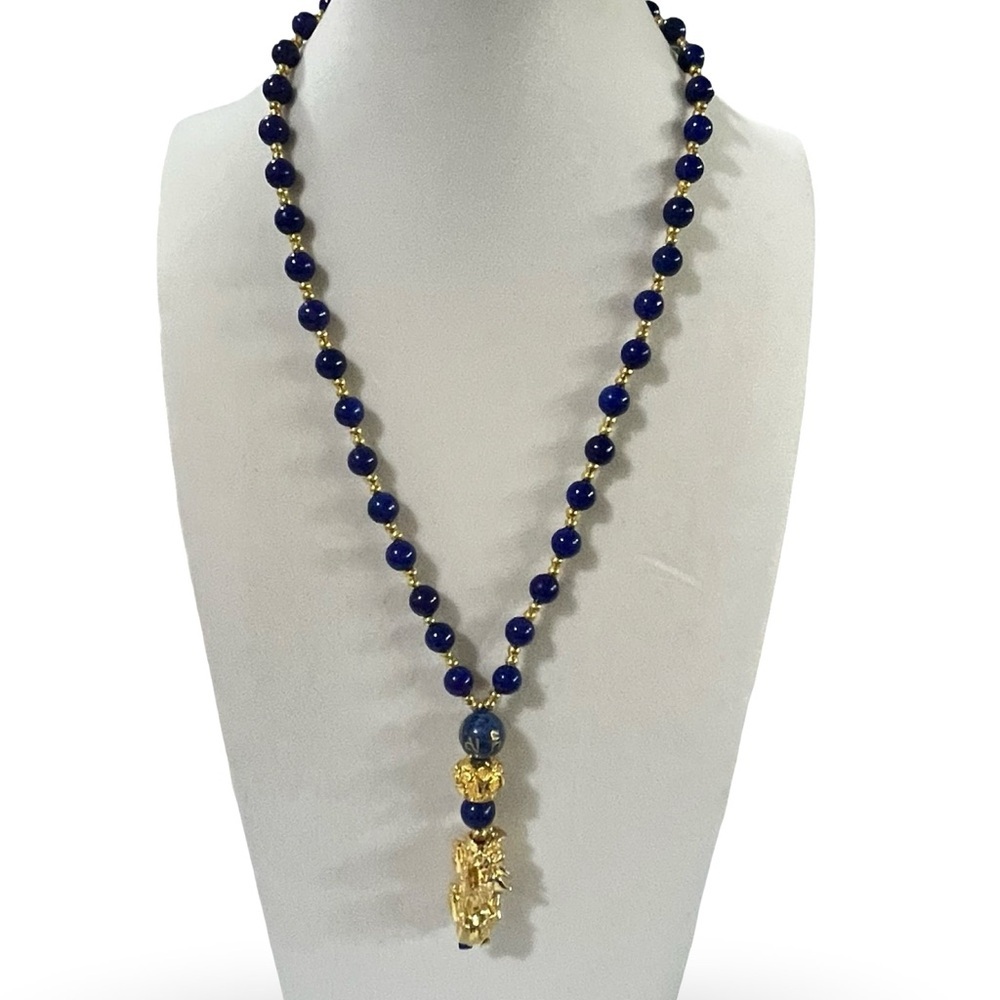 Cobalt Blue Beaded Gold Tone Foo Dog Necklace